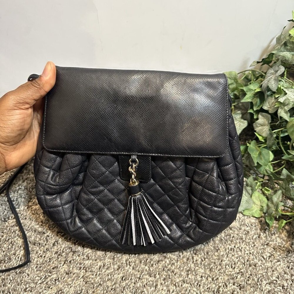 Susan Gail Black Quilted Leather Crossbody Shoulder Bag Purse Tassel Vintage - Picture 2 of 9